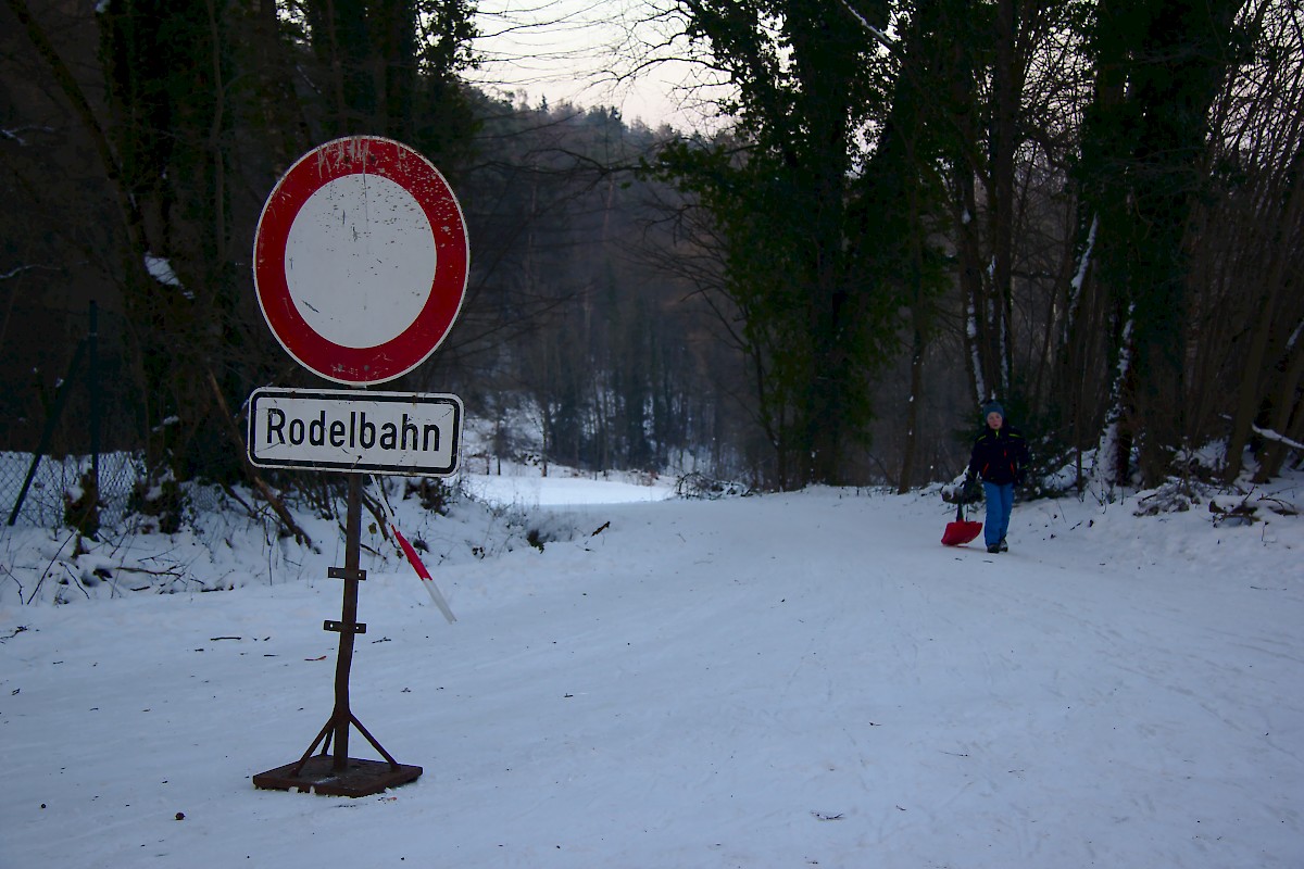 Jugendgruppe fährt Schlitten im Spessart-Wald